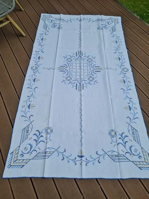 Große alte Leinen Tischdecke 230x125 cm Handarbeit Stickerei Bauernleinen antik - Bild 1 von 4