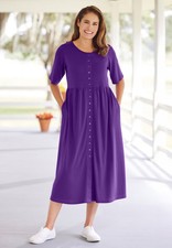 Woman Within Plus Size Petite Button-Front Elbow-Sleeve Knit Dress