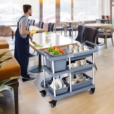 3-Tier Plastic Service Storage Utility Cart with Wheels and Ergonmic Handle Gray