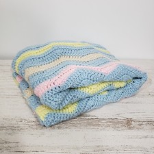 Pastel Chevron Pattern Crocheted Baby Blanket Blue Pink Yellow 43" X 52"
