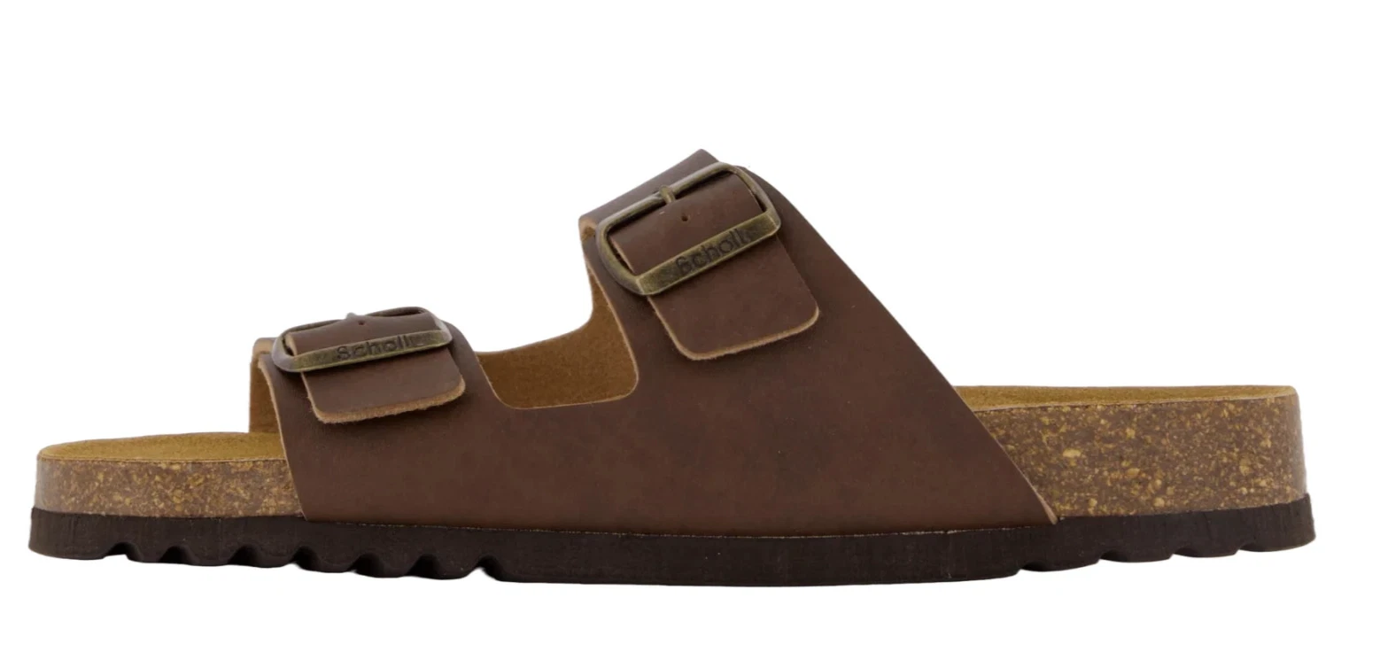 Scholl Brown Leather 2 Buckle Arch Support Flat Cork Wedge Slider Sandals Size 7