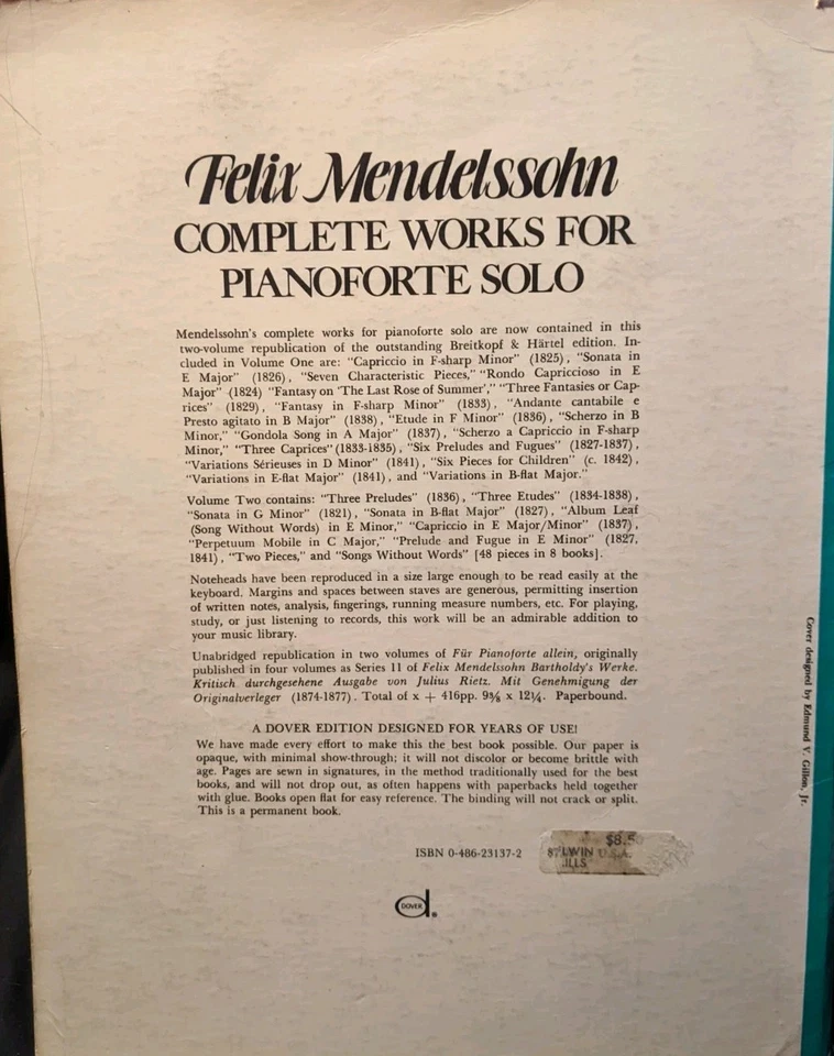 Felix Mendelssohn Complete Works For Pianoforte Solo In Two Volumes Vol II Dover - Image 2 of 4
