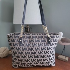 Borsa Michael Kors Jet Set Monogram Tote in pelle nera marrone chiaro con catena