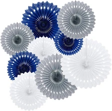 9PCS Navy Blue Gray White Origami Paper Party Fan Rosettes Nautical... 