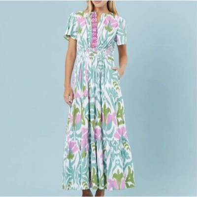 Sheridan French Women s Eloise Maxi Dress Tulip Ikat Teal Pink Kentucky Derby S