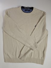 Nautica Men  s XL Beige Knit Sweater Long Sleeve Crewneck Cotton Logo Pullover