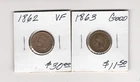 Copper Nickel Cent 1862 VF condition w/few rev spots, This is For Left Coin Only