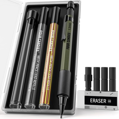 Vier Bonbons 1,3 mm Druckbleistift Set mit Etui, Metall schwer 10 Stück, grün 