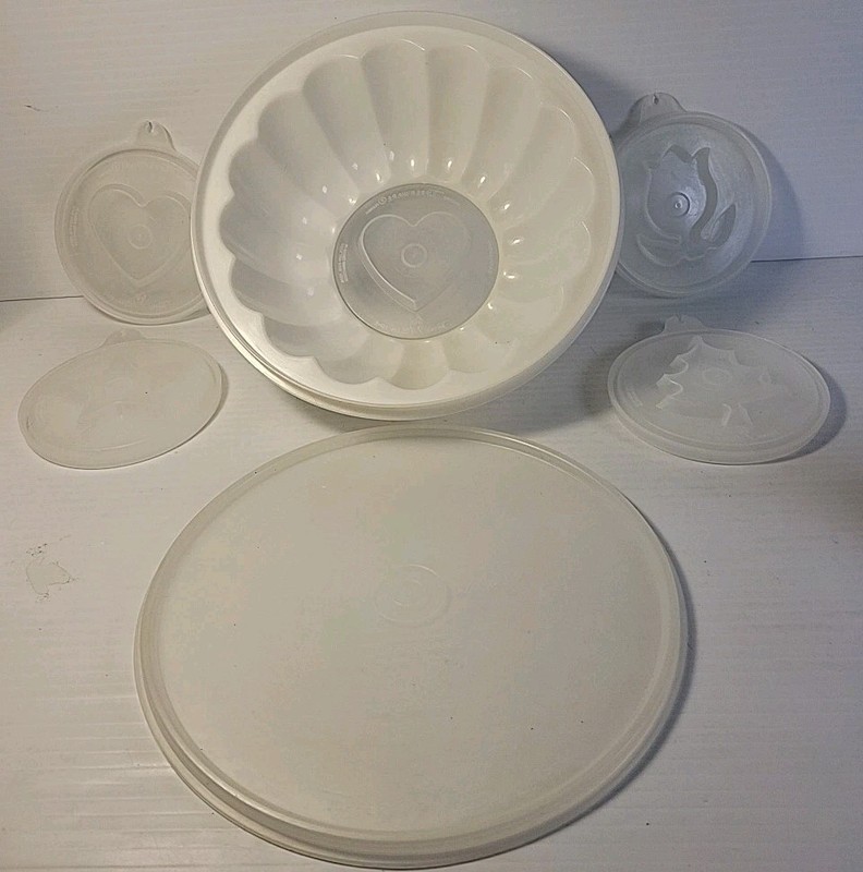 Vintage Tupperware Jel N Serve Jello Mold W/5 Interchangeable Design Mold Lids