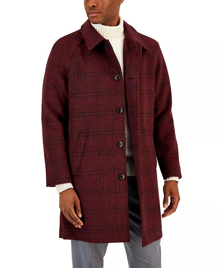 Мужское пальто Alfani Balmacaan из поливерстяной ткани в клетку с двумя карманами Merlot-Большой размер 13290₽