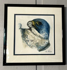 Original Watercolor PEREGRINE FALCON Framed & Matted Signed Tom Powell 13"x13"