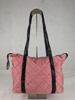Authentic PRADA triangle logo plate Logo Quilted Bicolor Shoulder Bag Tote Bag