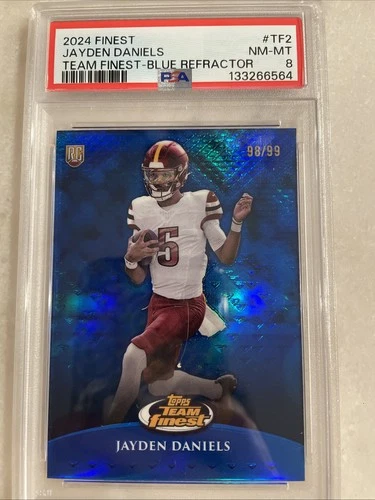 2024 TOPPS FINEST TEAM FINEST-BLUE REFRACTOR #TF-2 JAYDEN DANIELS RC /99 PSA 8