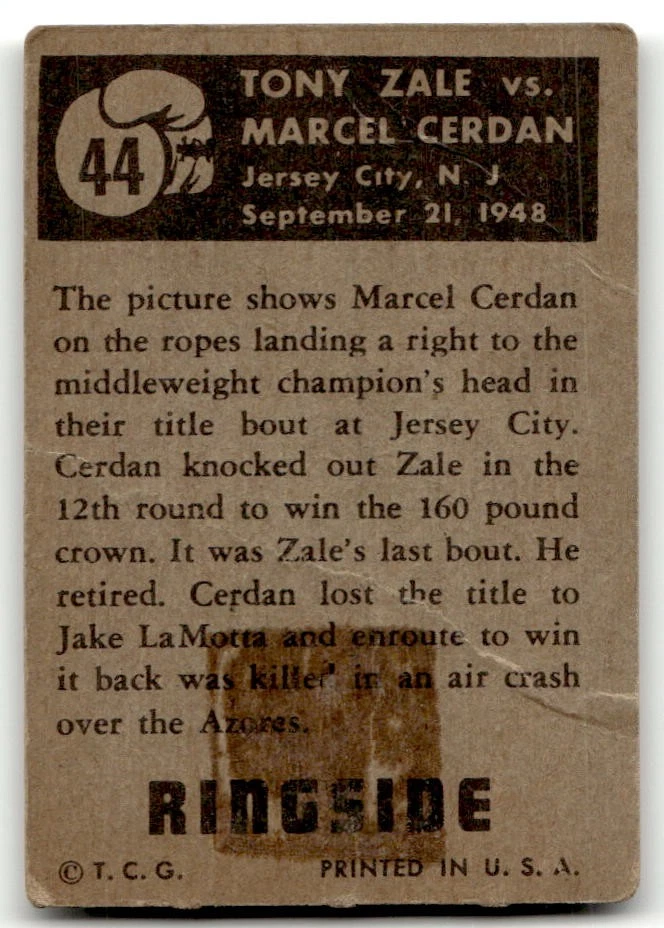 1951 Topps Ringside #44 Tony Zale vs. Marcel Cerdan creasing, tape NO RESERVE! - Image 2 of 2