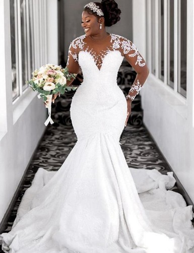 Luxury Scoop Neck Mermaid Wedding Dress Long Sleeves Appliques Bridal Gowns New - Picture 2 of 8
