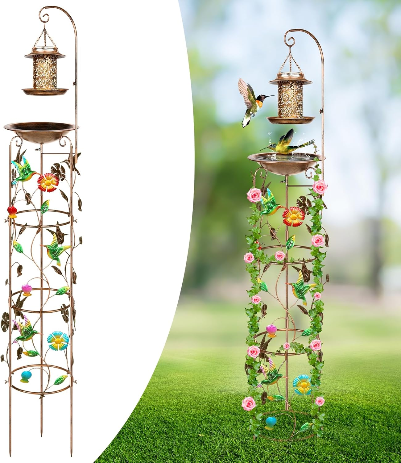 Metal Bird Bath with Solar Garden Trellis Feeder for Climbing Outdoor Plants