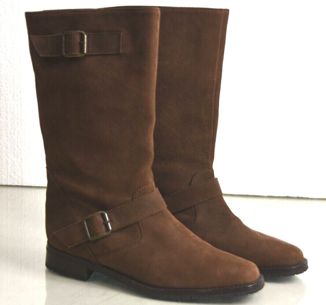 NEW Manolo Blahnik Nubuck Moto Boots Flat Shoes Brown Buckle 36.5