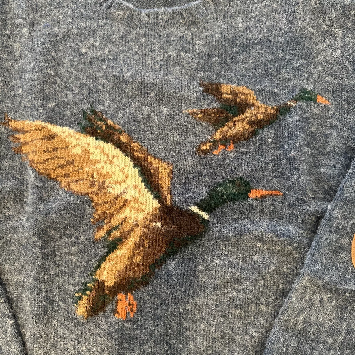 Polo Ralph Lauren Duck Hunting Wool Knit Crewneck Sweater Blue w Suede Elbow