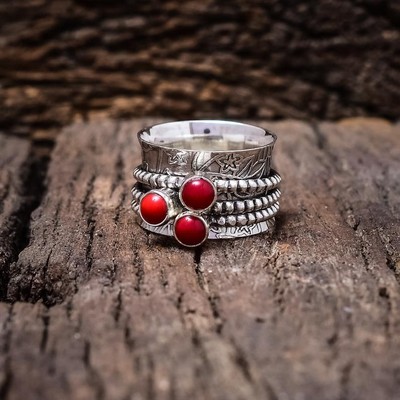 Three Stone Coral 925 Silver Handmade Anxiety Spinner Band Ring Jewelry MR#007