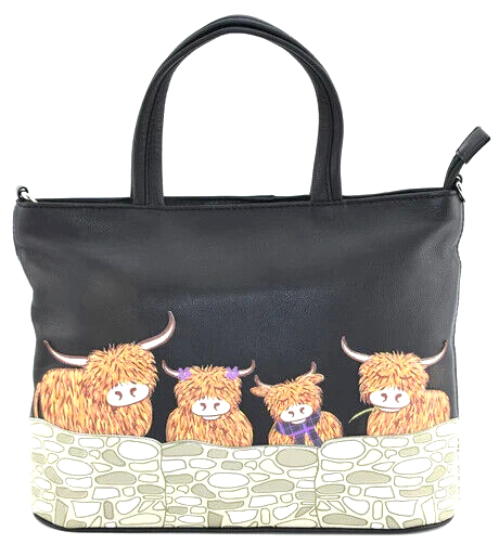 Mala Leather Bella Family Highland Cow Grab Shoulder Handbag + Dust Bag Black
