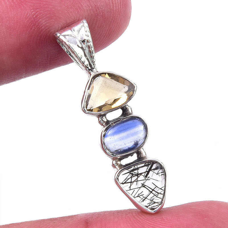 Natural Black Rutile Citrine 925 Sterling Silver Gift Pendant 1.25 Inch