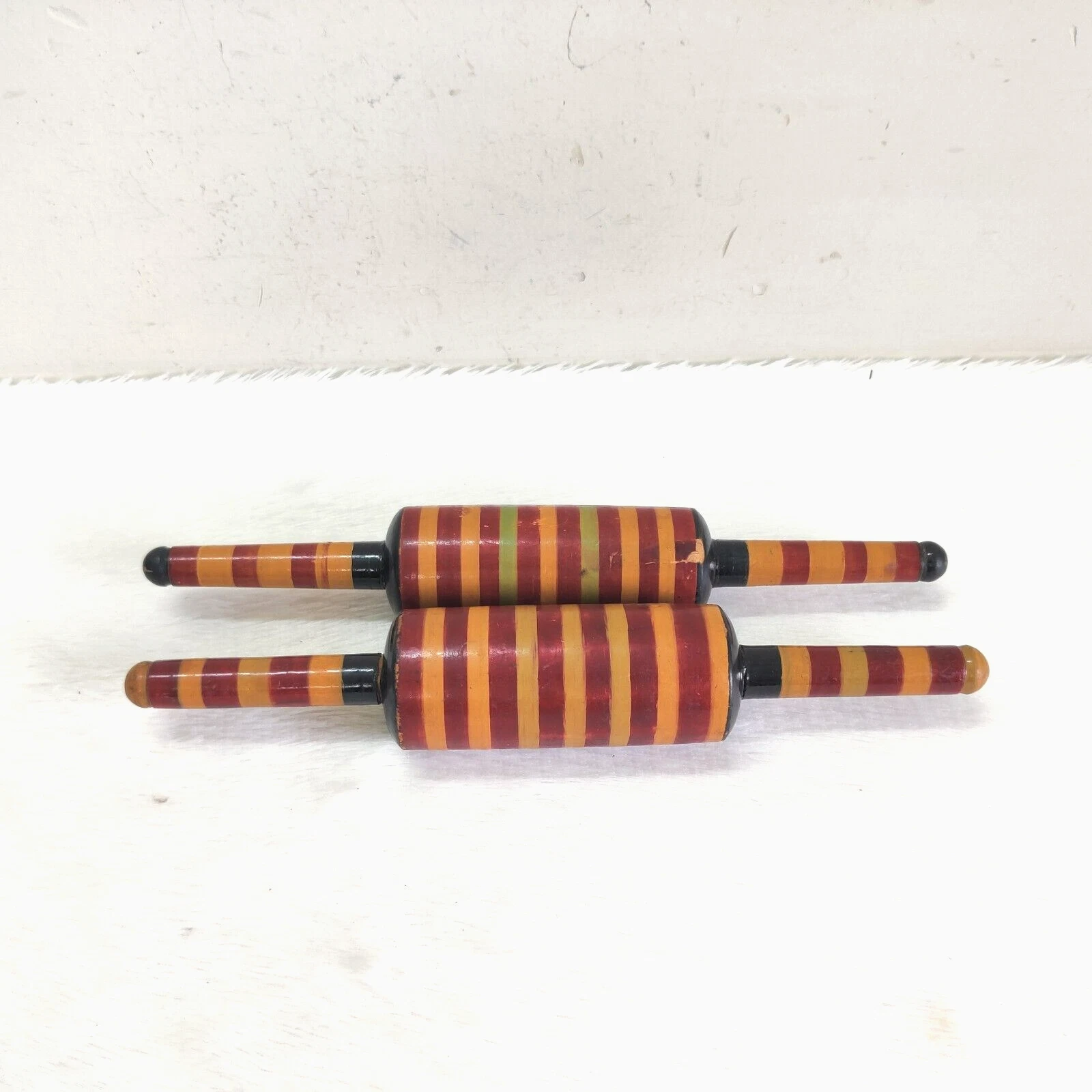 1920 Vintage Handmade Lacquered Tortilla Bread Bakers Wooden Rolling Pin 2Pc W25