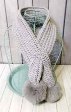 crochet womans handmade cowl keyhole scarf faux fur pom pom gray