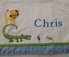 Pottery Barn Kids Bath Towel Zoo Wild Animals with name CHRIS Blue Gingham New!