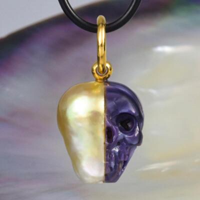 Skull IN Süd See Perle Anhänger Geschnitzter Lila Muschel Vermeil Sterling 7.56g