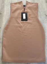 LADIES PRETTY LITTLE THING CAMEL V PLUNGE BANDEAT BODYCON DRESS B SIZE 8 BNWT