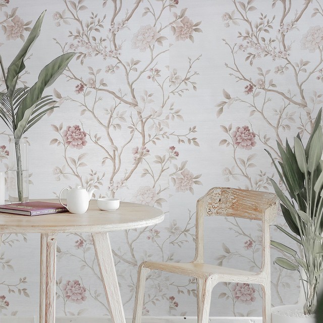 cream faux grasscloth textured pink flowers floral tree wallpaper