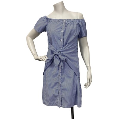 Design Lab Lord Taylor Off Shoulder Tie-Front Stripe Dress Blue White  sz SP