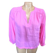 H by HALSTON Pink Linen V Neck Pintuck Long Sleeve Blouse Women's Size Small