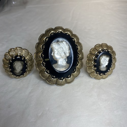 Vintage W Germany Black Base Frosted Cameo Pin Brooch Clip Earring Set