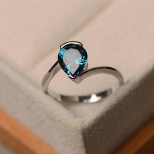 Pear Cut London blue topaz Anniversary ring 925 Sterling Silver band For Her