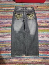 Vintage Y2K Karl Kani Embroidered Baggy Black Denim Kids Youth Jeans 7 23x20 