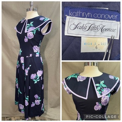 Vintage 1980 s Kathryn Conover Saks Fifth Avenue Navy Purple Floral Dress NWT