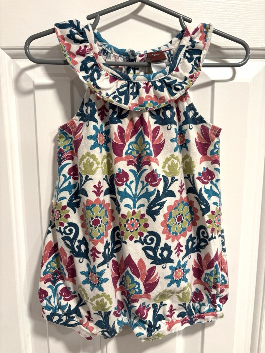 Tea Collection Flower Romper Teal Maroon Ivory Green Size 6-12 Months View 2
