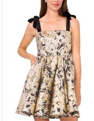 NWT $169 CeCe Women's Printed Jacquard Shoulder-Tie Babydoll Dress size 6