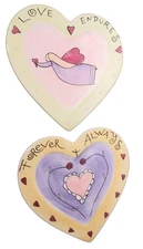 2 Russ Berrie Love Themed Hand-Painted Colorful Heart Shaped Decorative Plates