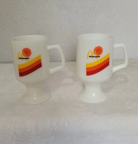 Set of 2 McDonald's Sunshine White Milk Glass Pedestal Footed Coffee Mug Vintage