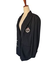 Vintage RALPH LAUREN Black Embroidered Crest Double Breasted Wool Blazer sz 12