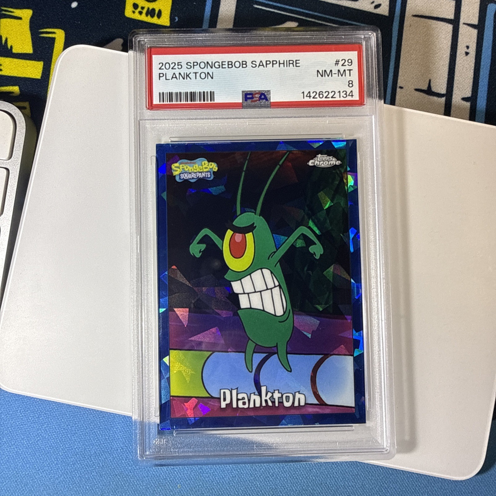 Plankton 2025 Topps Chrome SpongeBob SquarePants 25th Sapphire #29 PSA 8