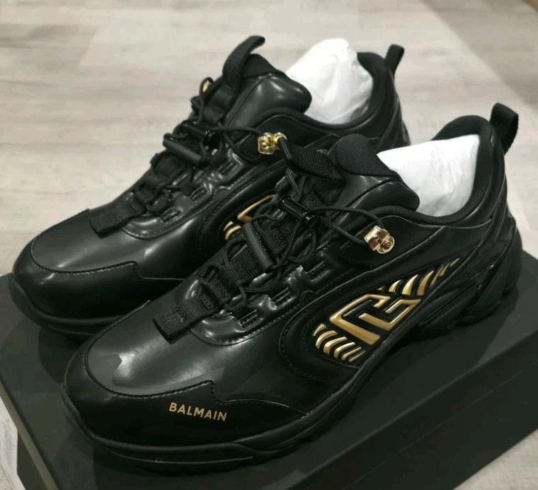 Balmain — $795 Balmain Men's Cosmic Dust Leather Black Gold Snealers, Size 13US (46EUR)