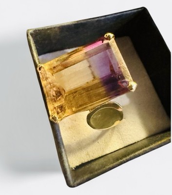 14 Karat Gelbgold 6 Karat facettierter Smaragdschliff Ametrin Ring Gr. 9 Vintage 8,5 gr Vintage