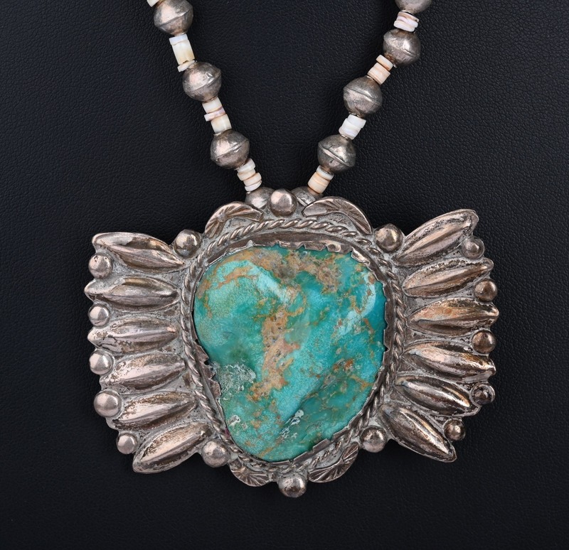 Vintage Navajo Silver Turquoise Pendant Brooch Beaded Necklace 67g