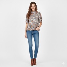 Tahari Top Women 1X Blue Mock Neck Floral Ruffle Tiered Boho Peasant Lightweight