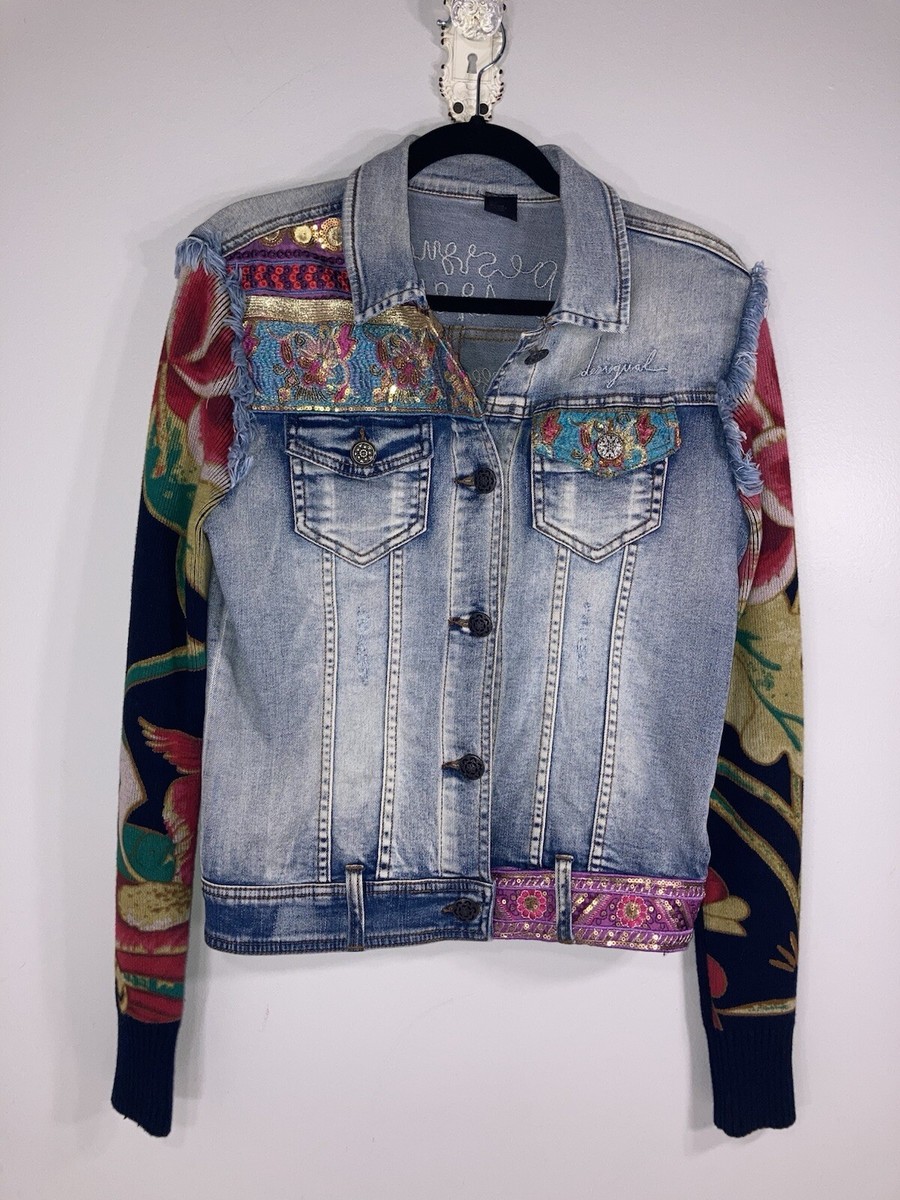 ☆美品☆新品☆未使用☆ デシグアル　デニムジャケット　サイズL Desigual Denim Jacket 1984 Embellished Sequin Floral Knit
