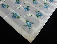 Vintage Hankie Blue Floral w Daisies Galore Hand Rolled
