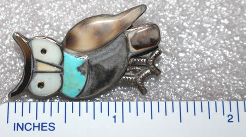 Vtg Native American Turquoise Shell Inlay Owl Brooch Pin - 1-5/16" - Picture 3 of 3
